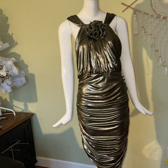 EXPRESS Metallic Rosette Halter Ruched Mini Sheath Dress y3k - Picture 2 of 16